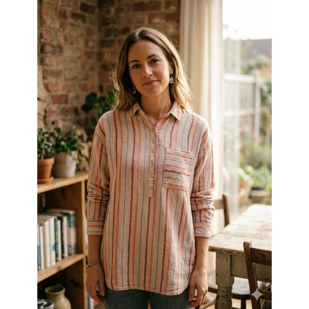 Maeve Anthropologie Lida Top Womens XS Pink Stripe Linen Blend Boho Shirt